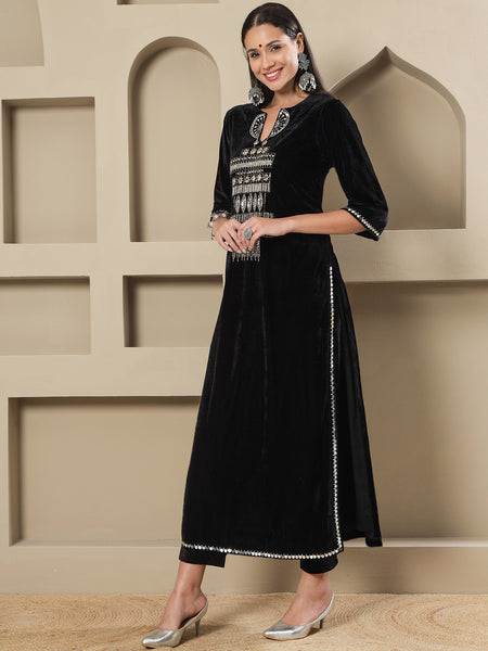 Black Velvet Hand-Embellished Long Straight Shirt With Pants-WRKS256