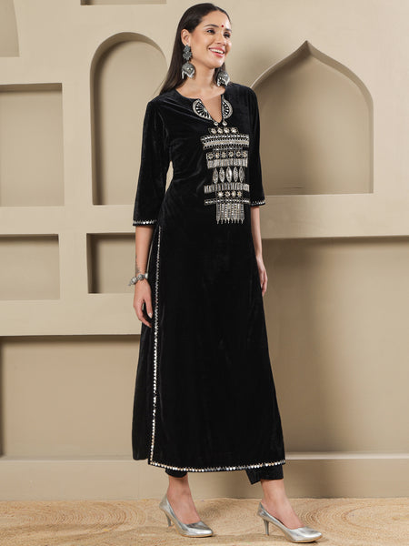 Black Velvet Hand-Embellished Long Straight Shirt With Pants-WRKS256