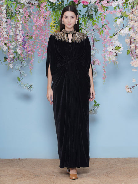 Black Velvet Hand Embellished Gown-WRK477