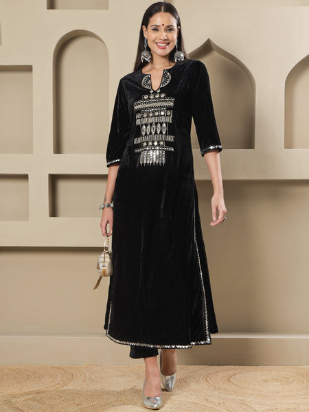 Black Velvet Hand-Embellished Long Straight Shirt With Pants-WRKS256