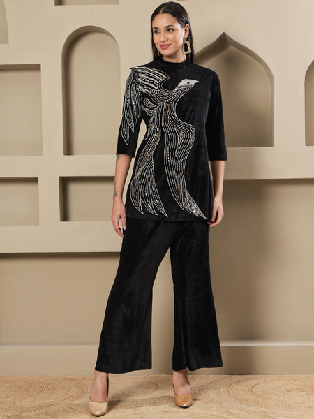 Black Velvet Hand-Embellished Eagle Motif Shirt With Bell-Bottom Pants-WRKS257