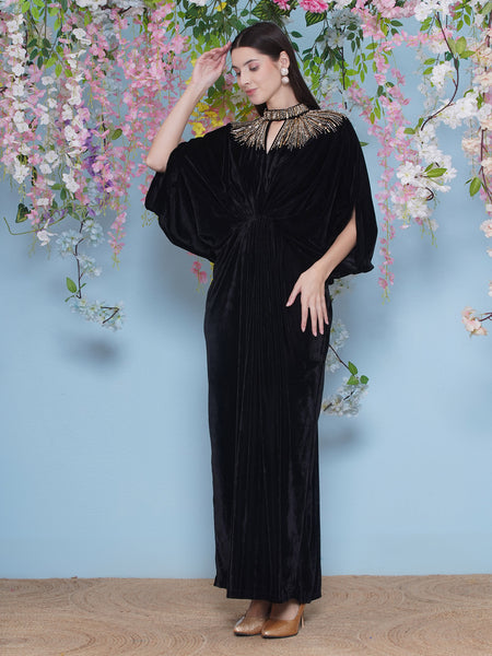 Black Velvet Hand Embellished Gown-WRK477