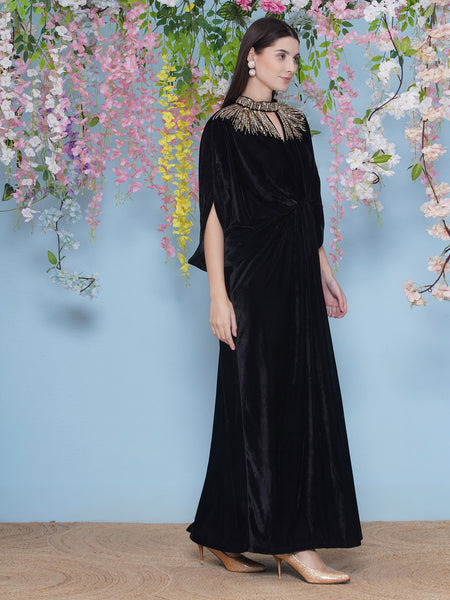 Black Velvet Hand Embellished Gown-WRK477