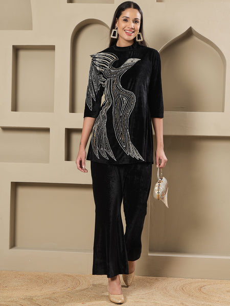 Black Velvet Hand-Embellished Eagle Motif Shirt With Bell-Bottom Pants-WRKS257