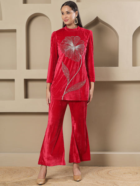 Pink Velvet Hand-Embroidered Shirt &amp; Bell-Bottom Co-ord Set-WRKS265