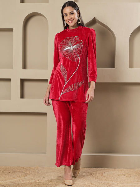 Pink Velvet Hand-Embroidered Shirt &amp; Bell-Bottom Co-ord Set-WRKS265