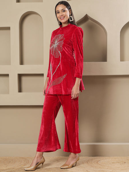 Pink Velvet Hand-Embroidered Shirt &amp; Bell-Bottom Co-ord Set-WRKS265