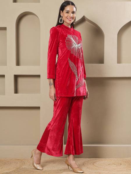Pink Velvet Hand-Embroidered Shirt &amp; Bell-Bottom Co-ord Set-WRKS265