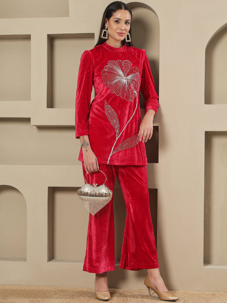 Pink Velvet Hand-Embroidered Shirt &amp; Bell-Bottom Co-ord Set-WRKS265