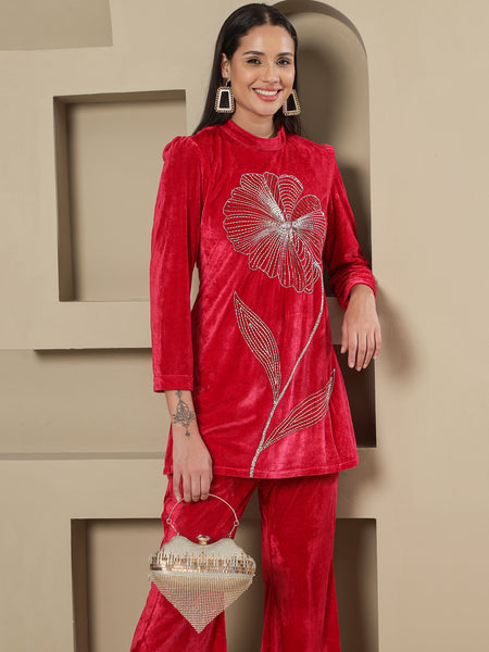 Pink Velvet Hand-Embroidered Shirt & Bell-Bottom Co-ord Set-WRKS265