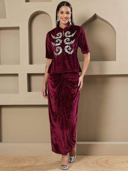 Wine Velvet Hand-Embellished Top & Draped Knot Skirt Set-WRKS258