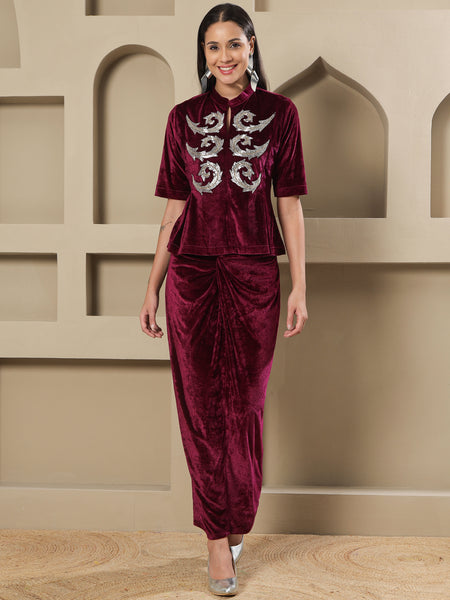Wine Velvet Hand-Embellished Top & Draped Knot Skirt Set-WRKS258