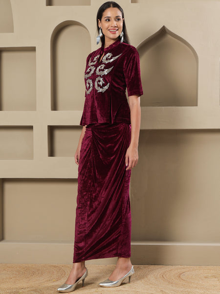 Wine Velvet Hand-Embellished Top & Draped Knot Skirt Set-WRKS258