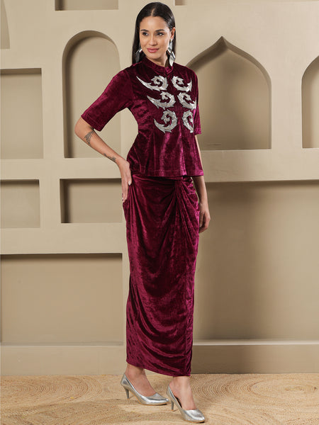 Wine Velvet Hand-Embellished Top & Draped Knot Skirt Set-WRKS258