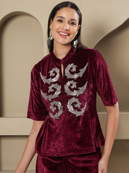 Wine Velvet Hand-Embellished Top & Draped Knot Skirt Set-WRKS258