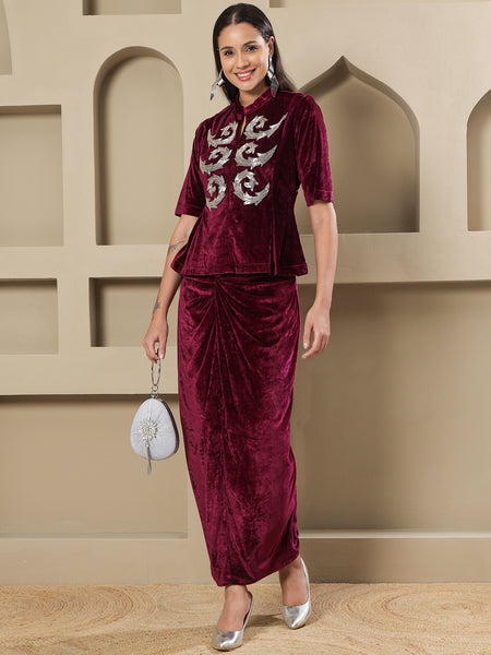 Wine Velvet Hand-Embellished Top & Draped Knot Skirt Set-WRKS258
