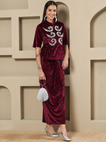 Wine Velvet Hand-Embellished Top & Draped Knot Skirt Set-WRKS258