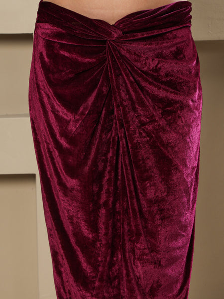 Wine Velvet Hand-Embellished Top & Draped Knot Skirt Set-WRKS258
