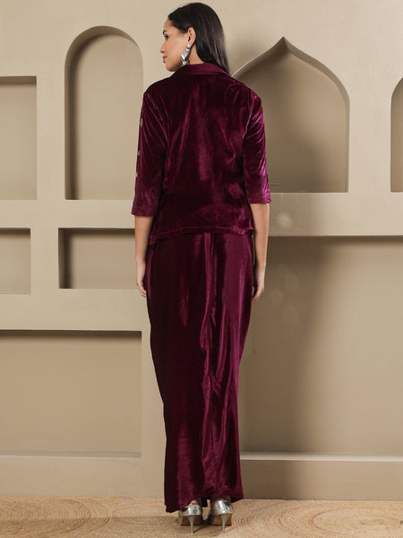 Luxury Wine Velvet 3-Piece Set with Mirror Work Jacket and Drape Skirt-WRKS261