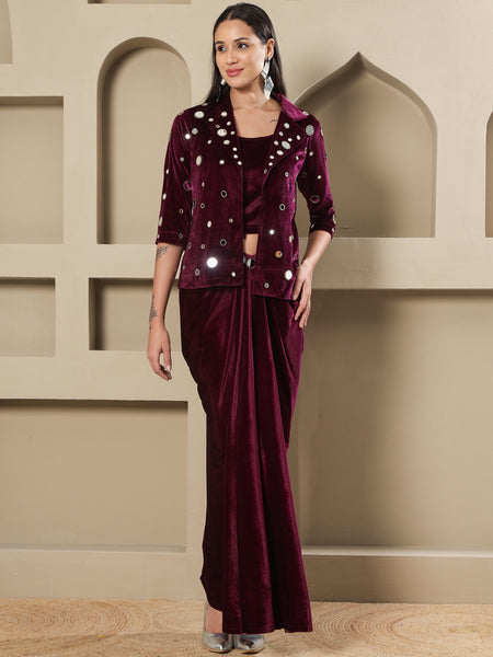 Luxury Wine Velvet 3-Piece Set with Mirror Work Jacket and Drape Skirt-WRKS261