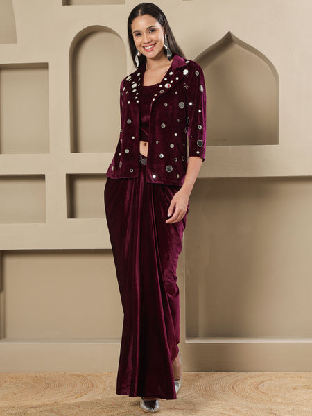 Luxury Wine Velvet 3-Piece Set with Mirror Work Jacket and Drape Skirt-WRKS261