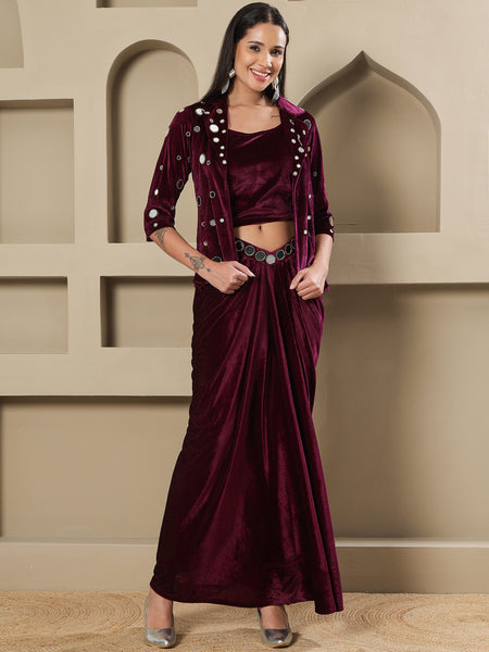 Luxury Wine Velvet 3-Piece Set with Mirror Work Jacket and Drape Skirt-WRKS261