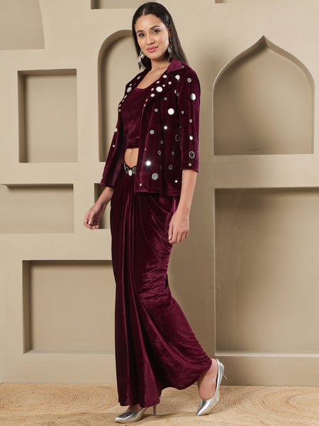 Luxury Wine Velvet 3-Piece Set with Mirror Work Jacket and Drape Skirt-WRKS261