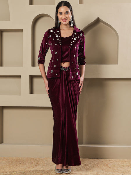 Luxury Wine Velvet 3-Piece Set with Mirror Work Jacket and Drape Skirt-WRKS261