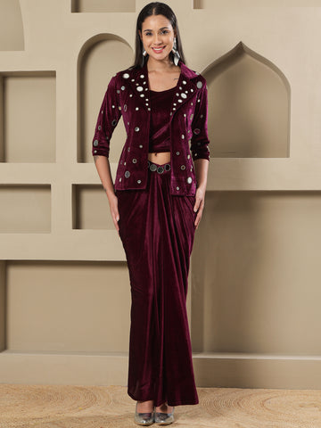 Luxury Wine Velvet 3-Piece Set with Mirror Work Jacket and Drape Skirt-WRKS261