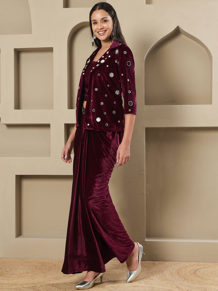 Luxury Wine Velvet 3-Piece Set with Mirror Work Jacket and Drape Skirt-WRKS261