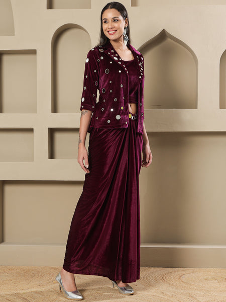 Luxury Wine Velvet 3-Piece Set with Mirror Work Jacket and Drape Skirt-WRKS261