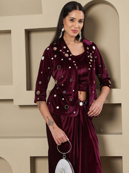 Luxury Wine Velvet 3-Piece Set with Mirror Work Jacket and Drape Skirt-WRKS261