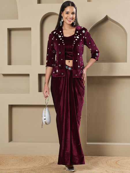 Luxury Wine Velvet 3-Piece Set with Mirror Work Jacket and Drape Skirt-WRKS261
