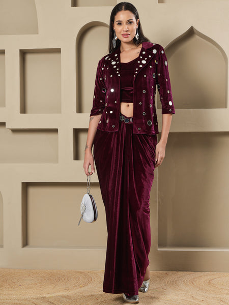 Luxury Wine Velvet 3-Piece Set with Mirror Work Jacket and Drape Skirt-WRKS261