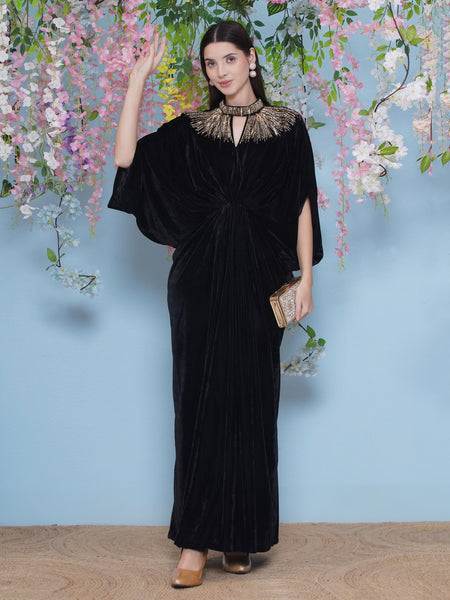 Black Velvet Hand Embellished Gown-WRK477