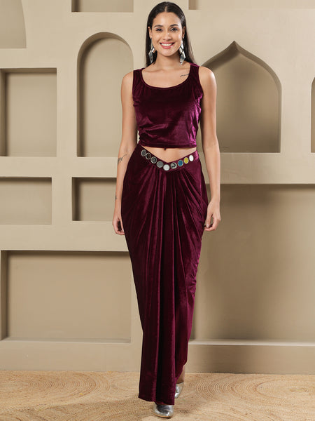 Luxury Wine Velvet 3-Piece Set with Mirror Work Jacket and Drape Skirt-WRKS261