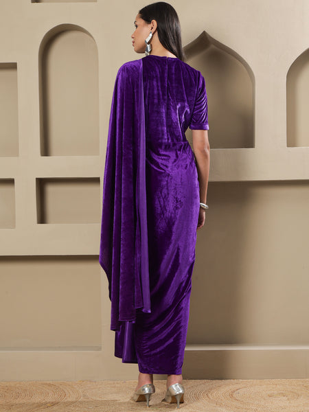 Purple Velvet Hand-Embellished Drape Gown-WRK487
