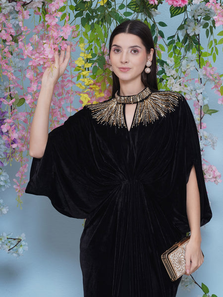 Black Velvet Hand Embellished Gown-WRK477