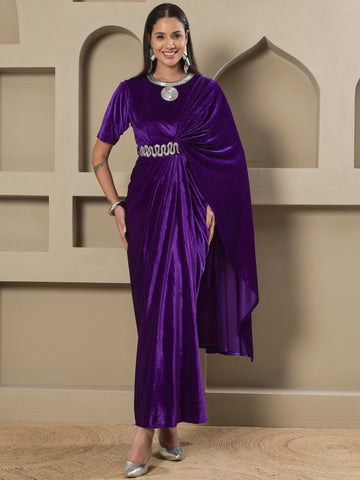 Purple Velvet Hand-Embellished Drape Gown-WRK487