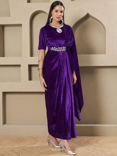Purple Velvet Hand-Embellished Drape Gown-WRK487