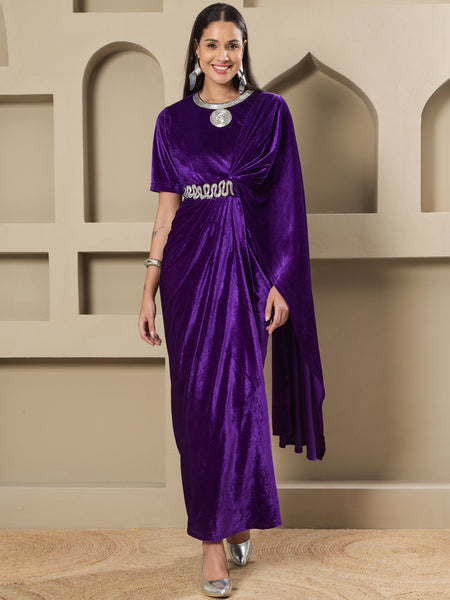 Purple Velvet Hand-Embellished Drape Gown-WRK487