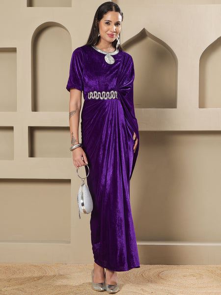 Purple Velvet Hand-Embellished Drape Gown-WRK487