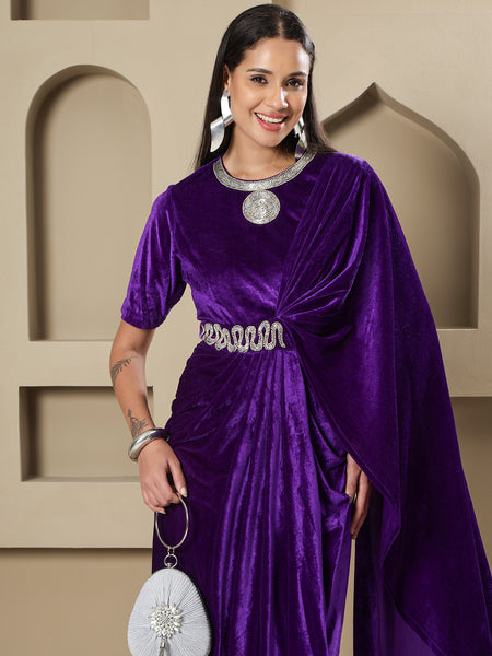 Purple Velvet Hand-Embellished Drape Gown-WRK487