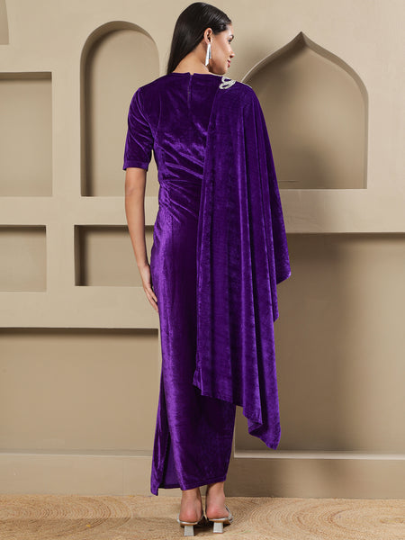 Royal Purple Velvet Hand-Embellished Drape Gown-WRK488