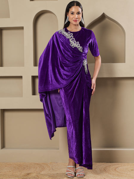 Royal Purple Velvet Hand-Embellished Drape Gown-WRK488
