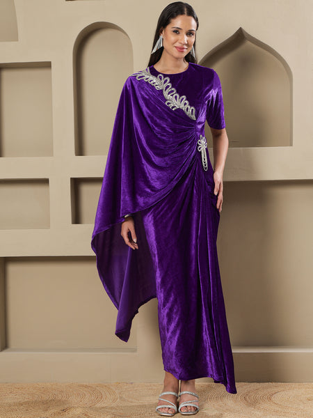 Royal Purple Velvet Hand-Embellished Drape Gown-WRK488