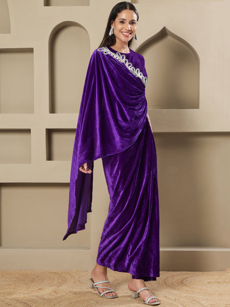Royal Purple Velvet Hand-Embellished Drape Gown-WRK488