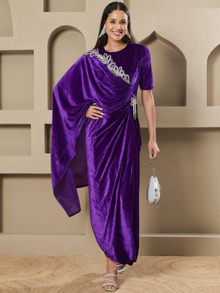 Royal Purple Velvet Hand-Embellished Drape Gown-WRK488