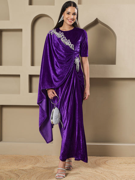 Royal Purple Velvet Hand-Embellished Drape Gown-WRK488