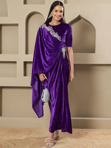 Royal Purple Velvet Hand-Embellished Drape Gown-WRK488
